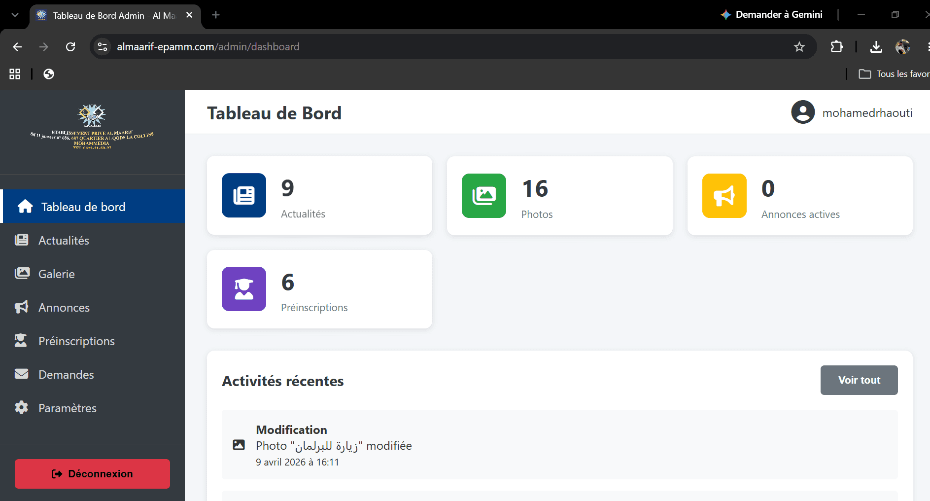 Aperçu du projet Tableau de Bord Pro